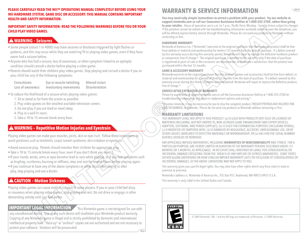 Nintendo 45496902995, NSMBW, 69151A manual Warranty & Service Information 