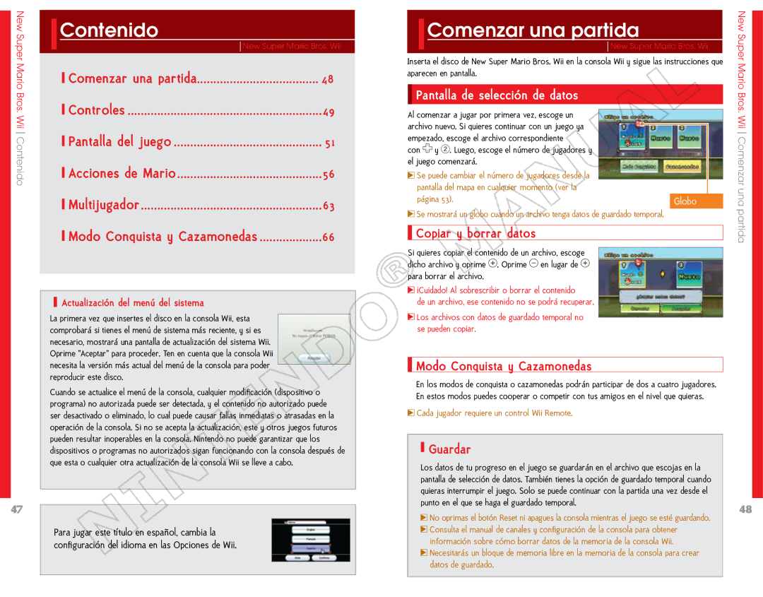 Nintendo 69151A, NSMBW manual Comenzar una partida, Pantalla de selección de datos, Modo Conquista y Cazamonedas, Guardar 