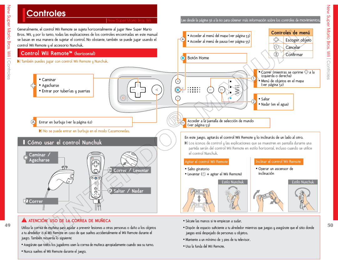 Nintendo 45496902995, NSMBW, 69151A manual Controles, Control Wii Remote horizontal, Cómo usar el control Nunchuk 