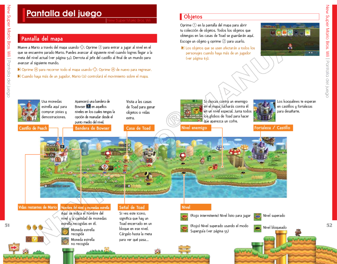 Nintendo NSMBW, 69151A, 45496902995 manual Pantalla del juego, Pantalla del mapa, Objetos 