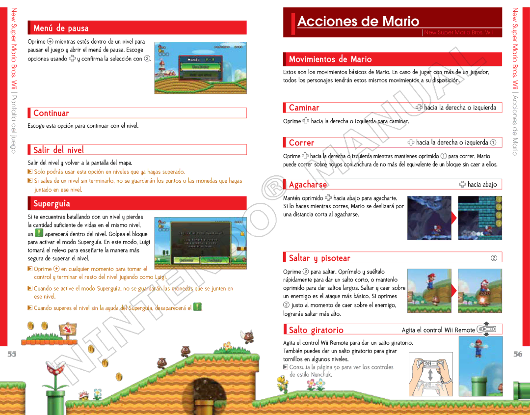 Nintendo 45496902995, NSMBW, 69151A manual Acciones de Mario, Menú de pausa, Superguía, Movimientos de Mario 