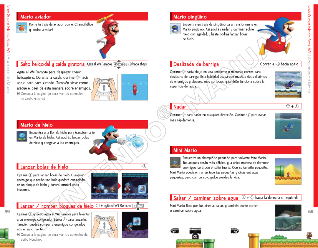 Nintendo 69151A, NSMBW manual Mario aviador, Mario de hielo, Lanzar bolas de hielo, Mario pingüino, Deslizada de barriga 