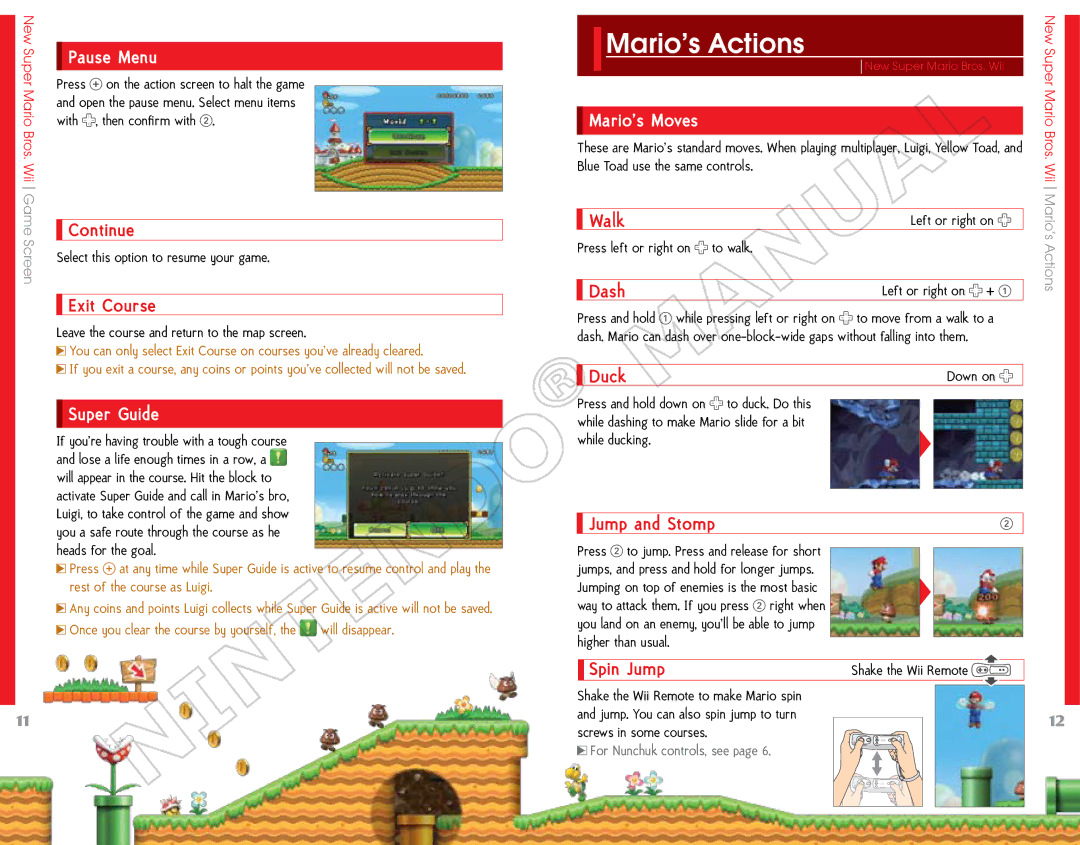 Nintendo 69151A, NSMBW, 45496902995 manual Mario’s Actions, Pause Menu, Super Guide, Mario’s Moves 