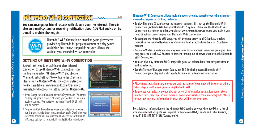 Nintendo POKMON MYSTERY DUNGEON:EXPLORERS OF TIME manual Setting up Nintendo Wi-Fi Connection 