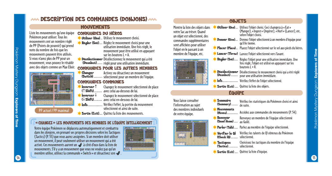 Nintendo POKMON MYSTERY DUNGEON:EXPLORERS OF TIME manual Description DES Commandes Donjons, Mouvements, CommandES Communes 