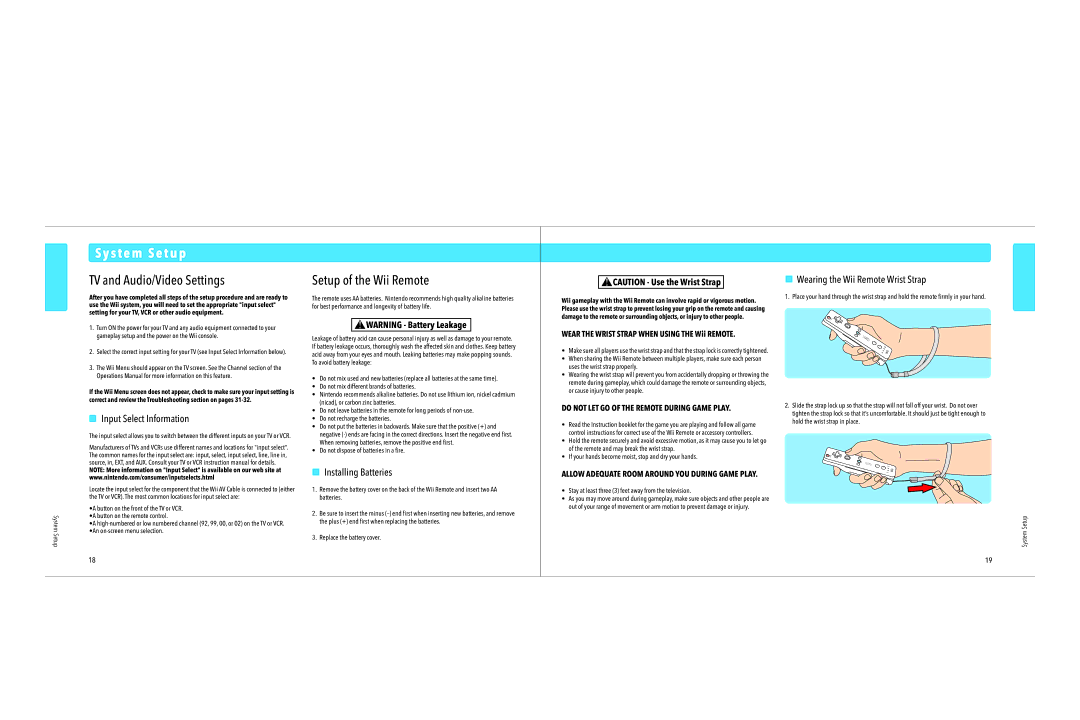 Nintendo RVLSWC manual TV and Audio/Video Settings, Setup of the Wii Remote, Input Select Information, Installing Batteries 