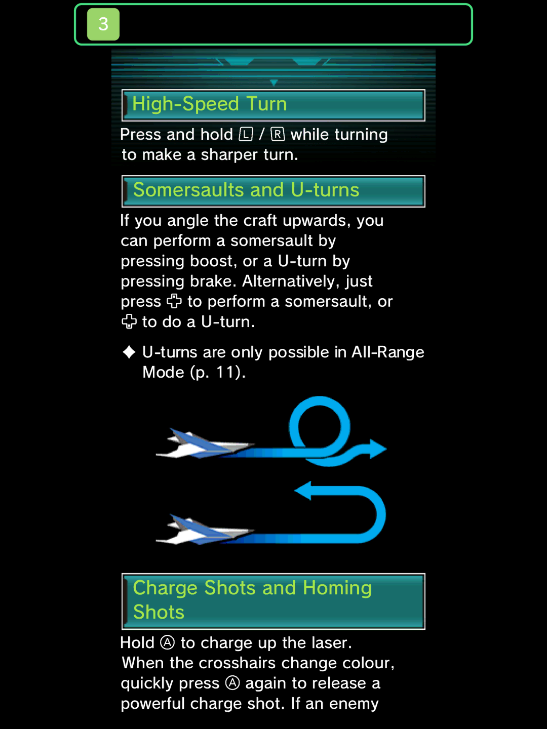 Nintendo Star Fox 64 3D manual High-Speed Turn, Somersaults and U-turns, Charge Shots and Homing Shots 