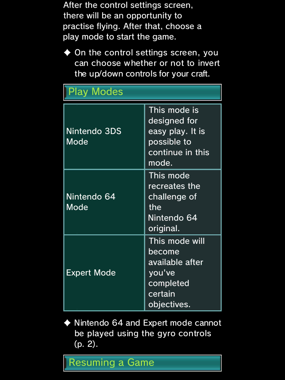 Nintendo Star Fox 64 3D manual Play Modes, Resuming a Game 