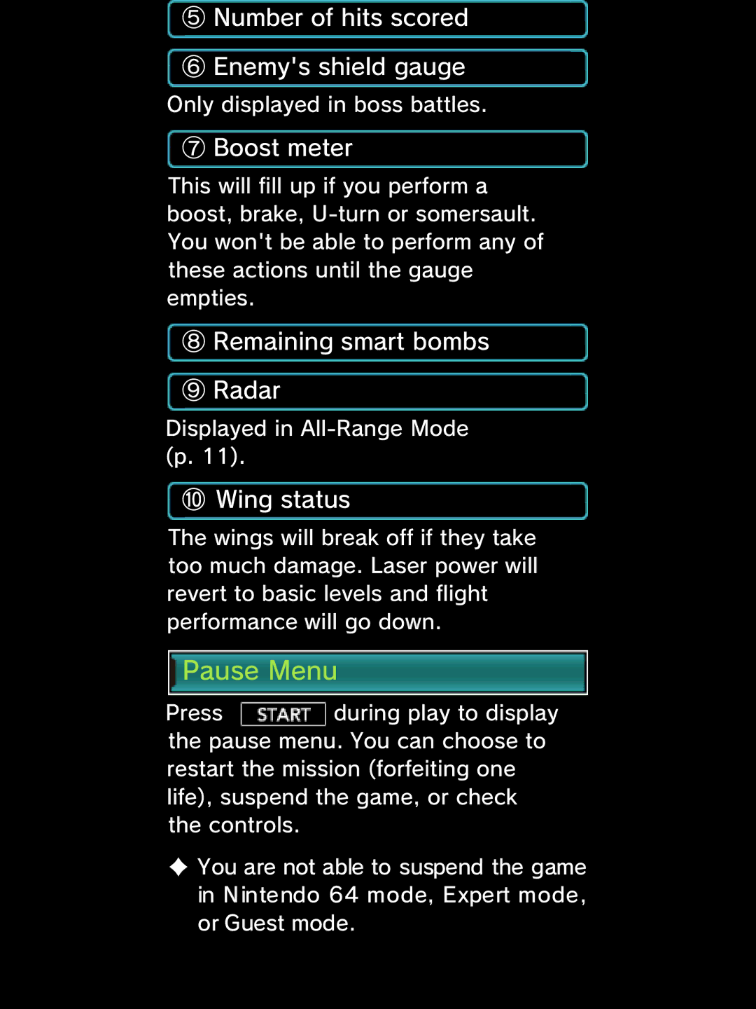 Nintendo Star Fox 64 3D manual Pause Menu, ⑤ Number of hits scored ⑥ Enemys shield gauge, ⑦ Boost meter, ⑩ Wing status 