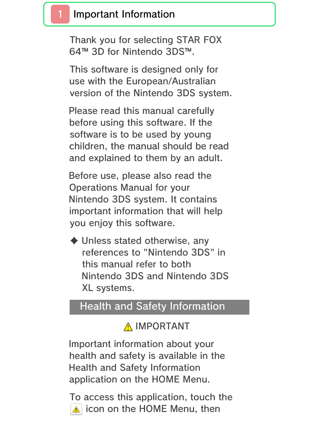 Nintendo Star Fox 64 3D manual Health and Safety Information, Important Information 