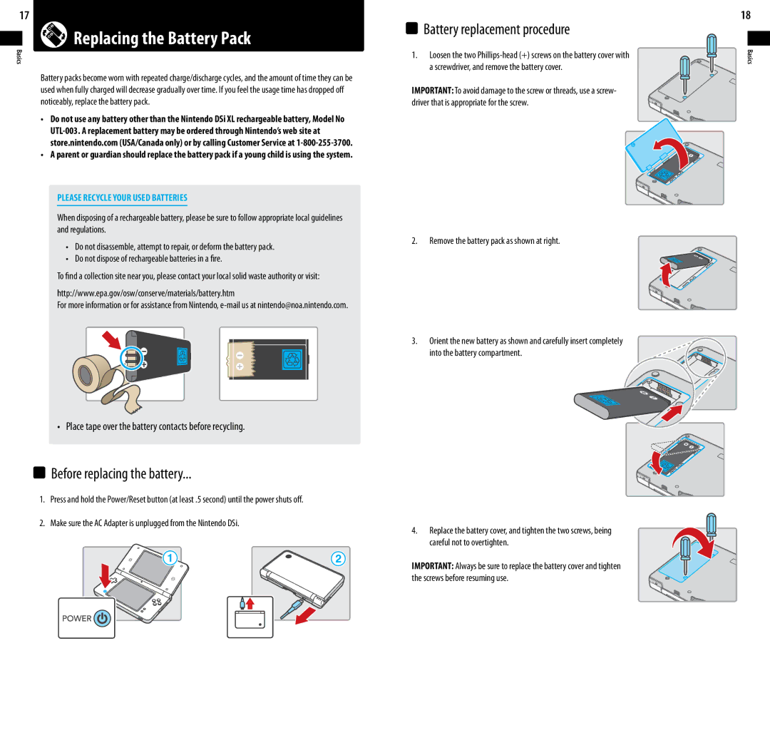 Nintendo UTLSBKA, DSi XL manual Replacing the Battery Pack, Remove the battery pack as shown at right 