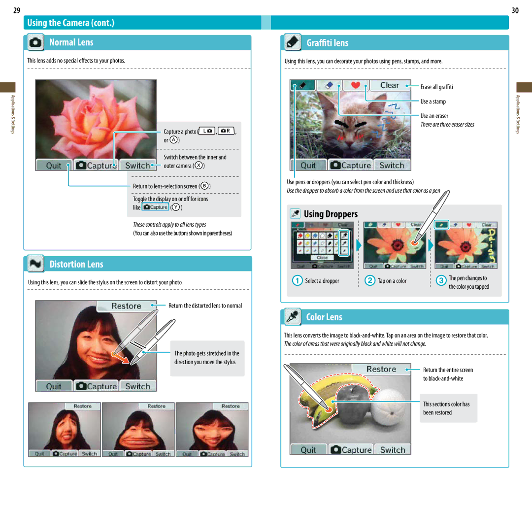 Nintendo UTLSBKA, DSi XL manual Using the Camera Normal Lens, Distortion Lens, Graffiti lens, Using Droppers, Color Lens 