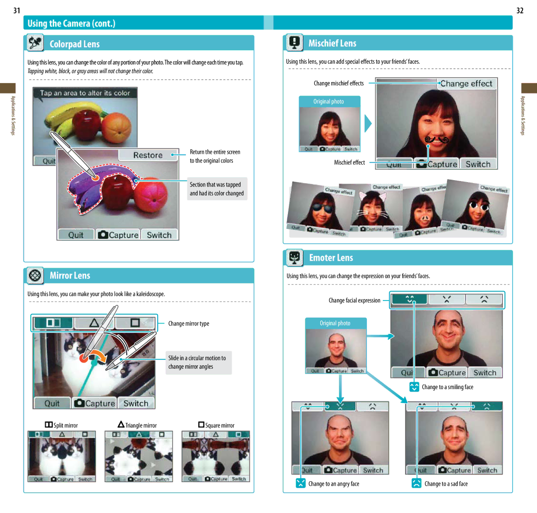 Nintendo DSi XL, UTLSBKA manual Using the Camera Colorpad Lens, Mirror Lens, Mischief Lens, Emoter Lens 