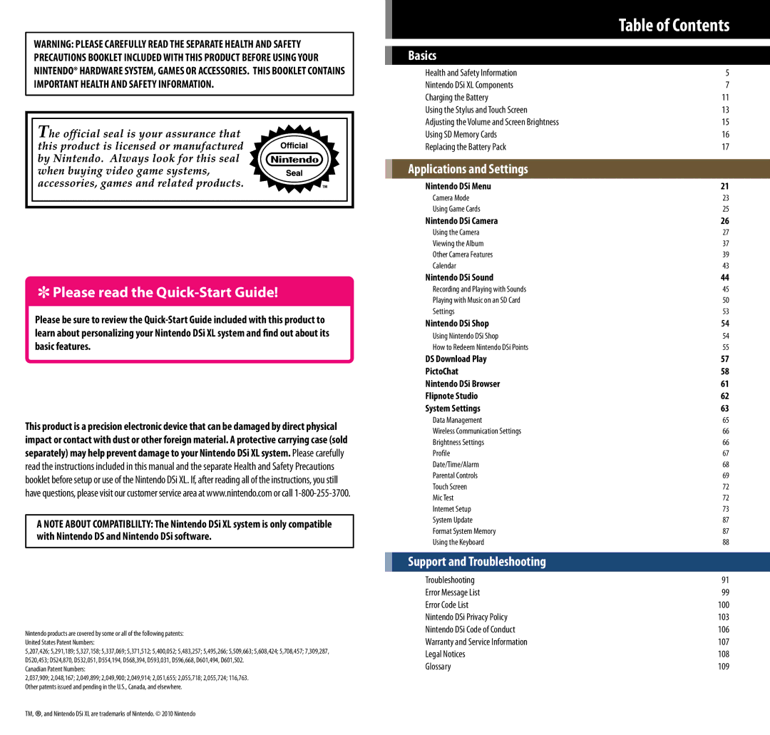 Nintendo UTLSBKA, DSi XL manual Table of Contents 