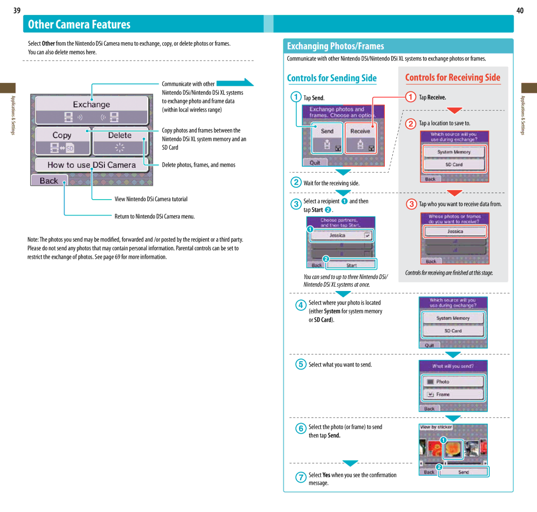 Nintendo DSi XL, UTLSBKA manual Other Camera Features, Exchanging Photos/Frames, Tap Receive 