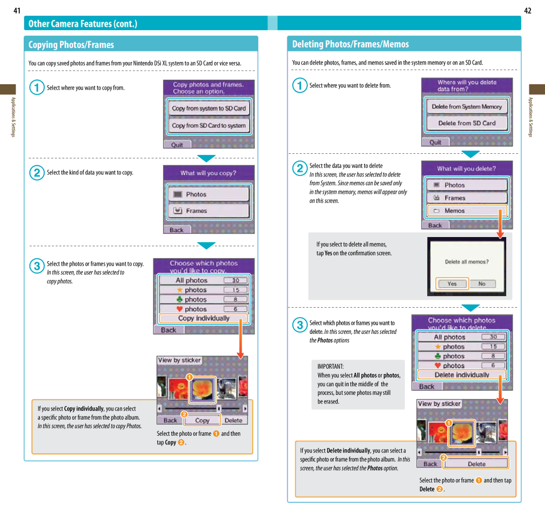 Nintendo UTLSBKA, DSi XL manual Other Camera Features Copying Photos/Frames, Deleting Photos/Frames/Memos 