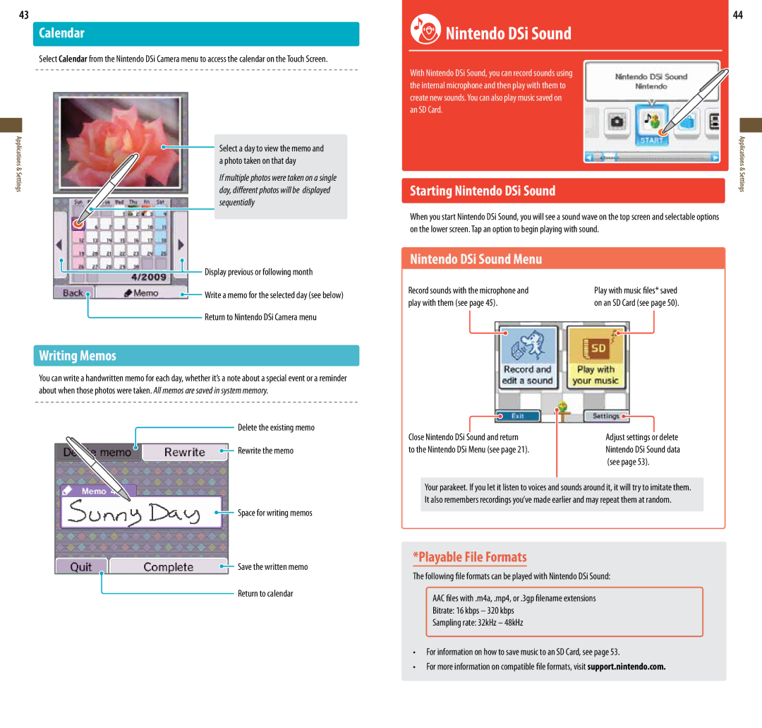 Nintendo DSi XL, UTLSBKA manual Calendar, Writing Memos, Starting Nintendo DSi Sound, Nintendo DSi Sound Menu 