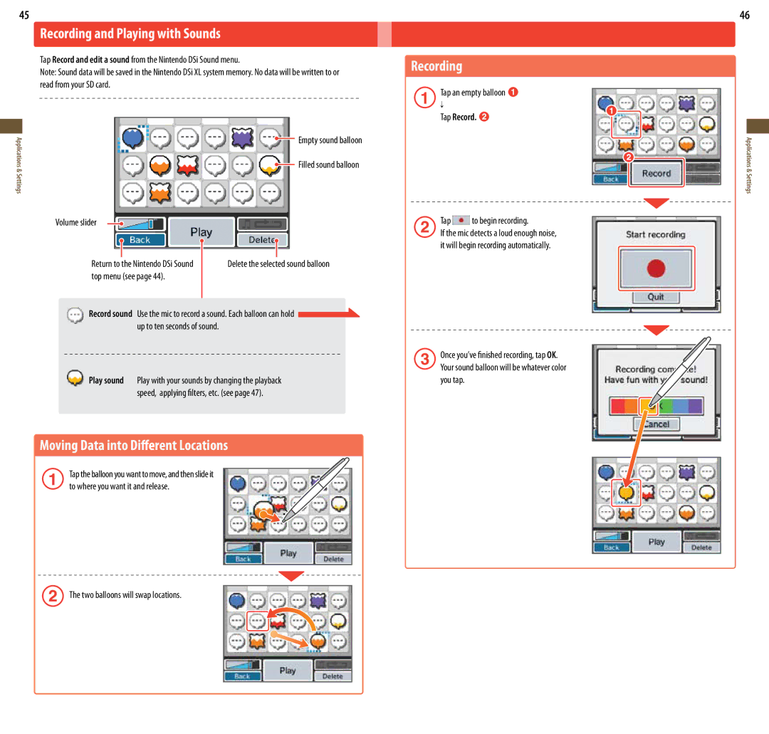 Nintendo UTLSBKA, DSi XL manual Recording and Playing with Sounds, Moving Data into Different Locations, Tap Record 