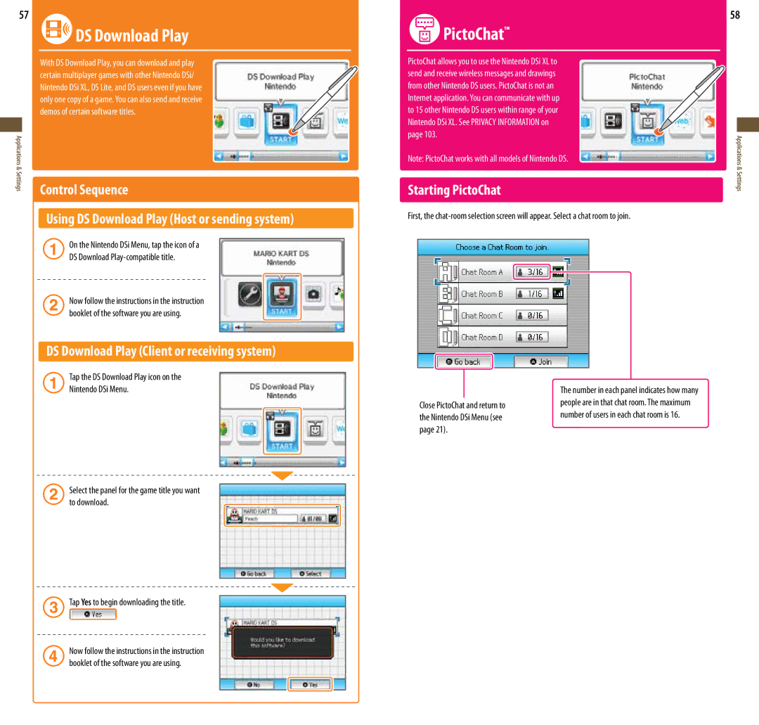 Nintendo UTLSBKA manual Settings Control Sequence, DS Download Play Client or receiving system, Starting PictoChat 