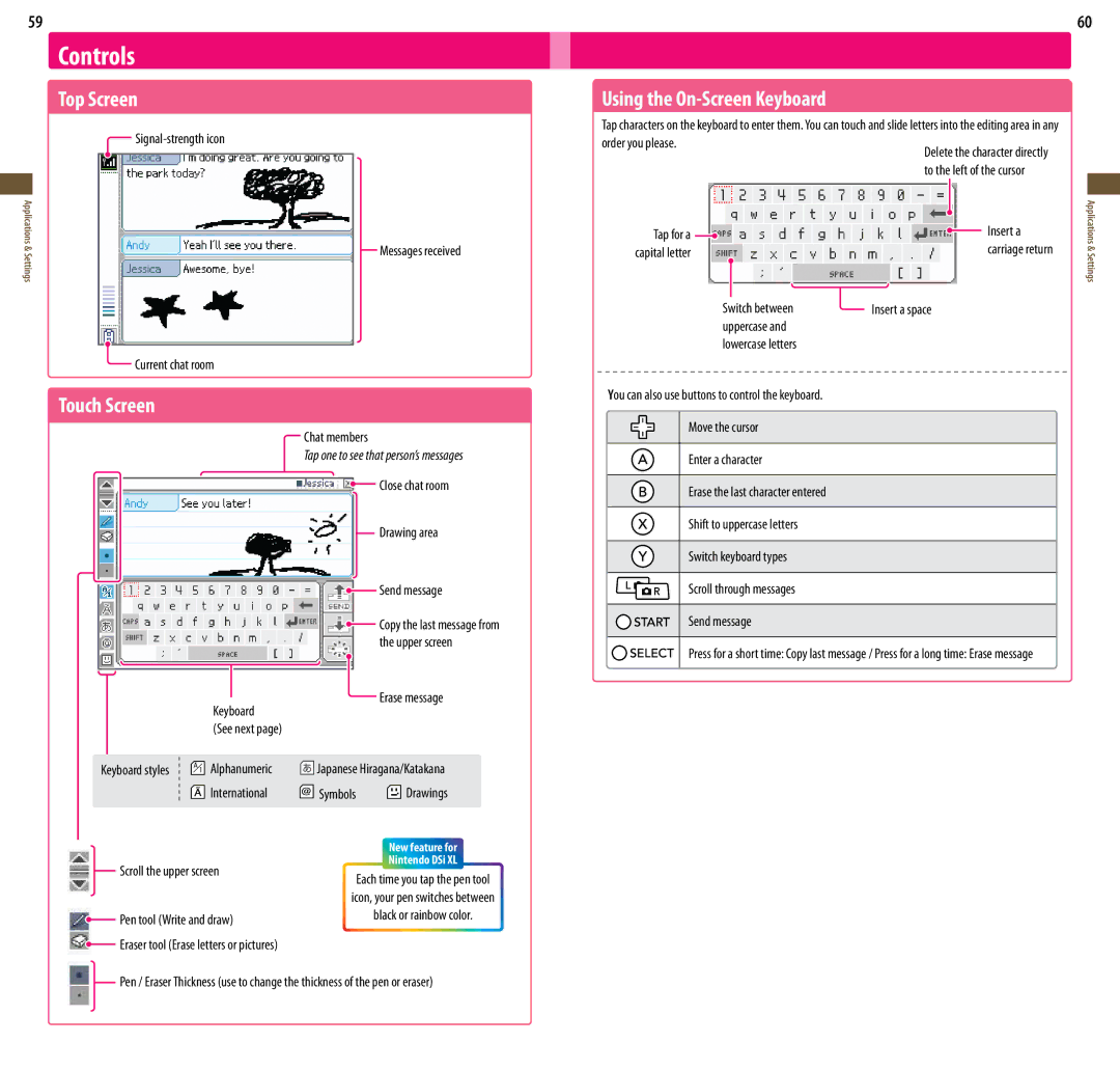 Nintendo DSi XL, UTLSBKA manual Controls, Top Screen, Using the On-Screen Keyboard, Touch Screen 