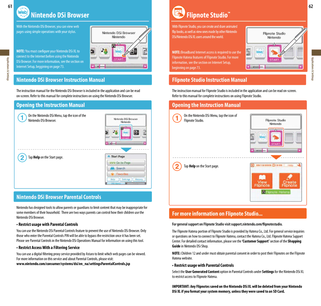 Nintendo UTLSBKA manual Nintendo DSi Browser Flipnote Studio, Nintendo DSi Browser Parental Controls, Tap Help on the Start 