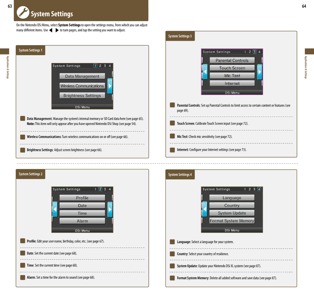 Nintendo DSi XL, UTLSBKA manual System Settings, Brightness Settings Adjust screen brightness see 