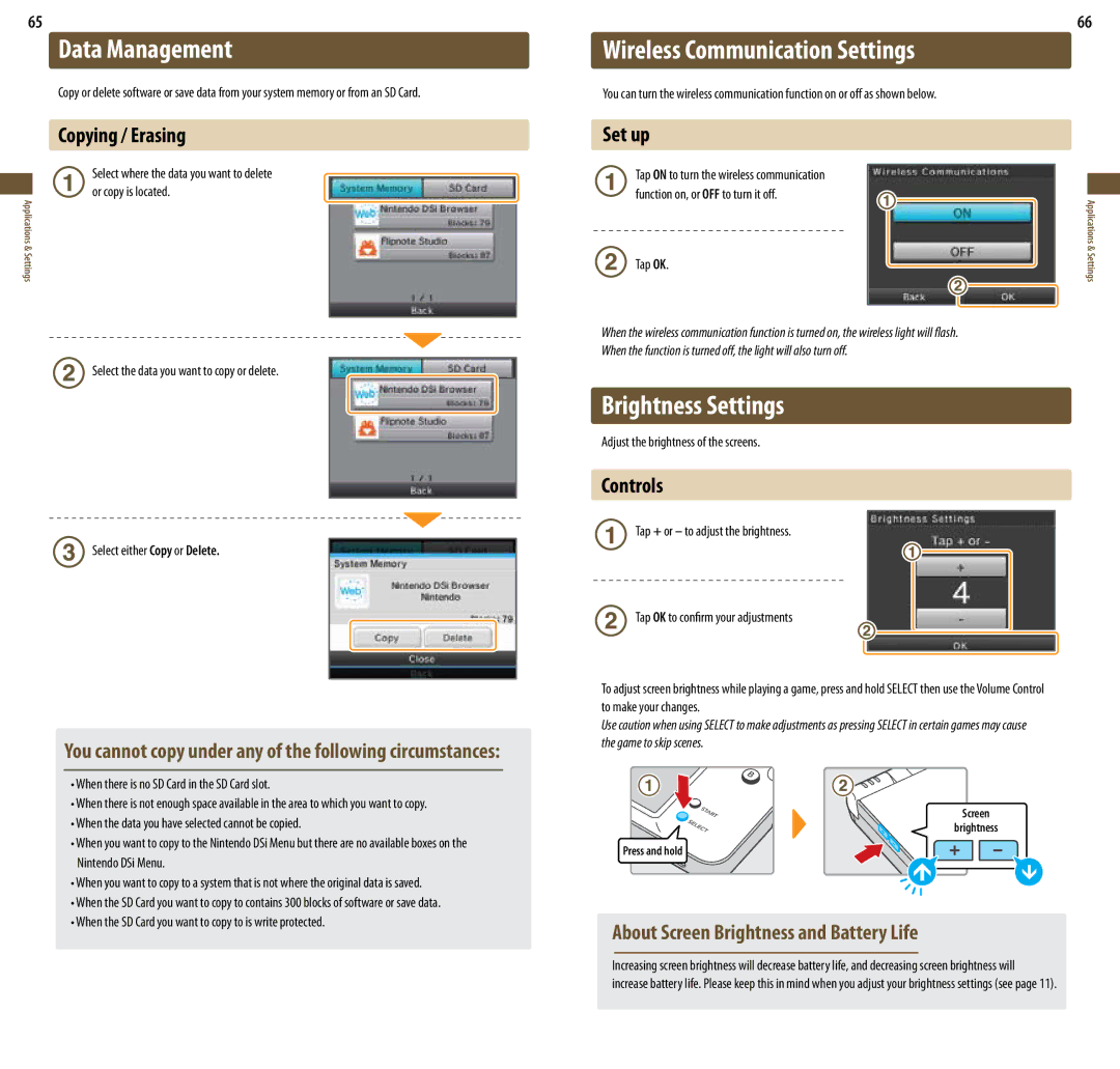 Nintendo UTLSBKA, DSi XL manual Data Management, Wireless Communication Settings, Brightness Settings 