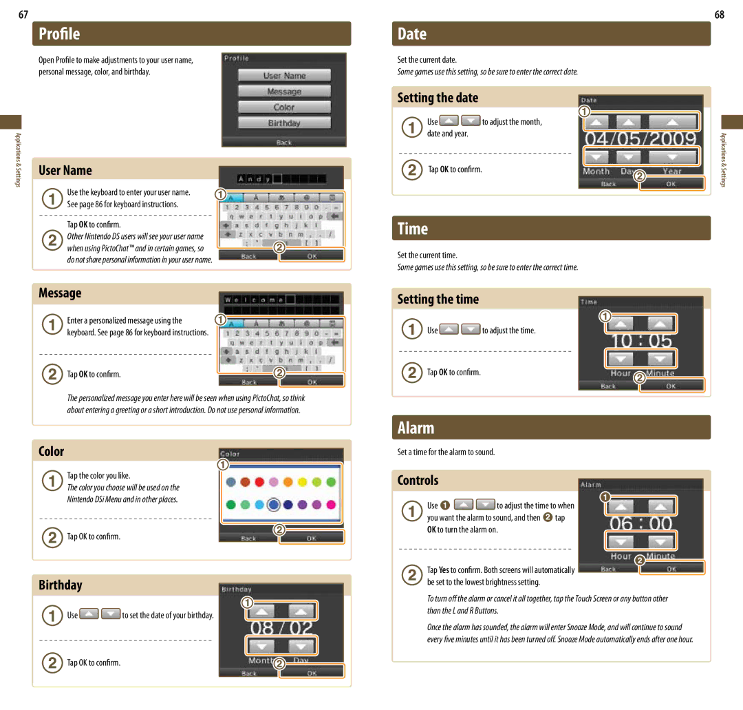 Nintendo DSi XL, UTLSBKA manual Profile, Date, Time, Alarm, User Name 