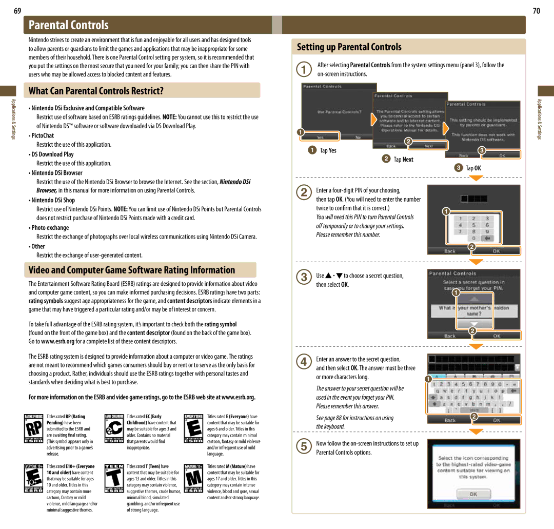 Nintendo UTLSBKA, DSi XL manual What Can Parental Controls Restrict?, Setting up Parental Controls 