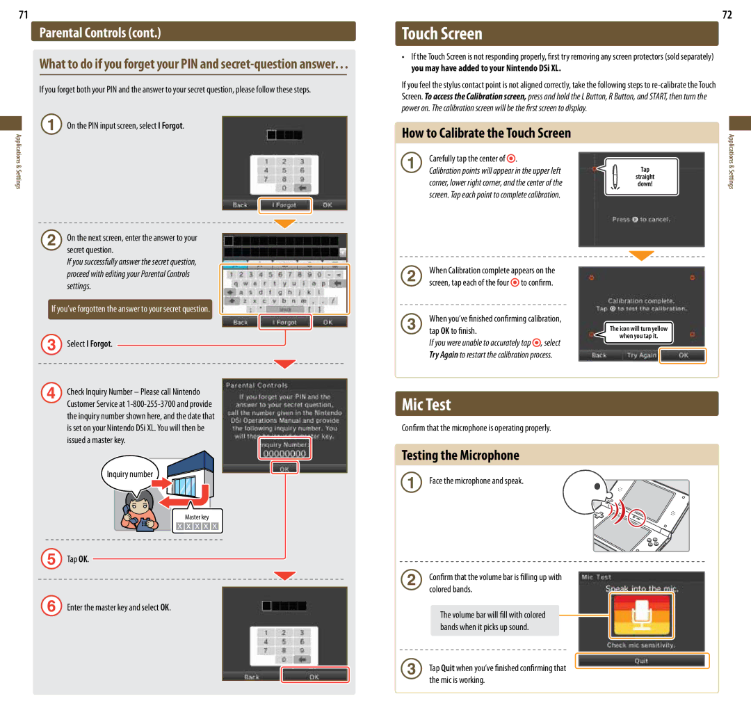 Nintendo DSi XL, UTLSBKA manual Touch Screen, Mic Test, Parental Controls, Testing the Microphone 