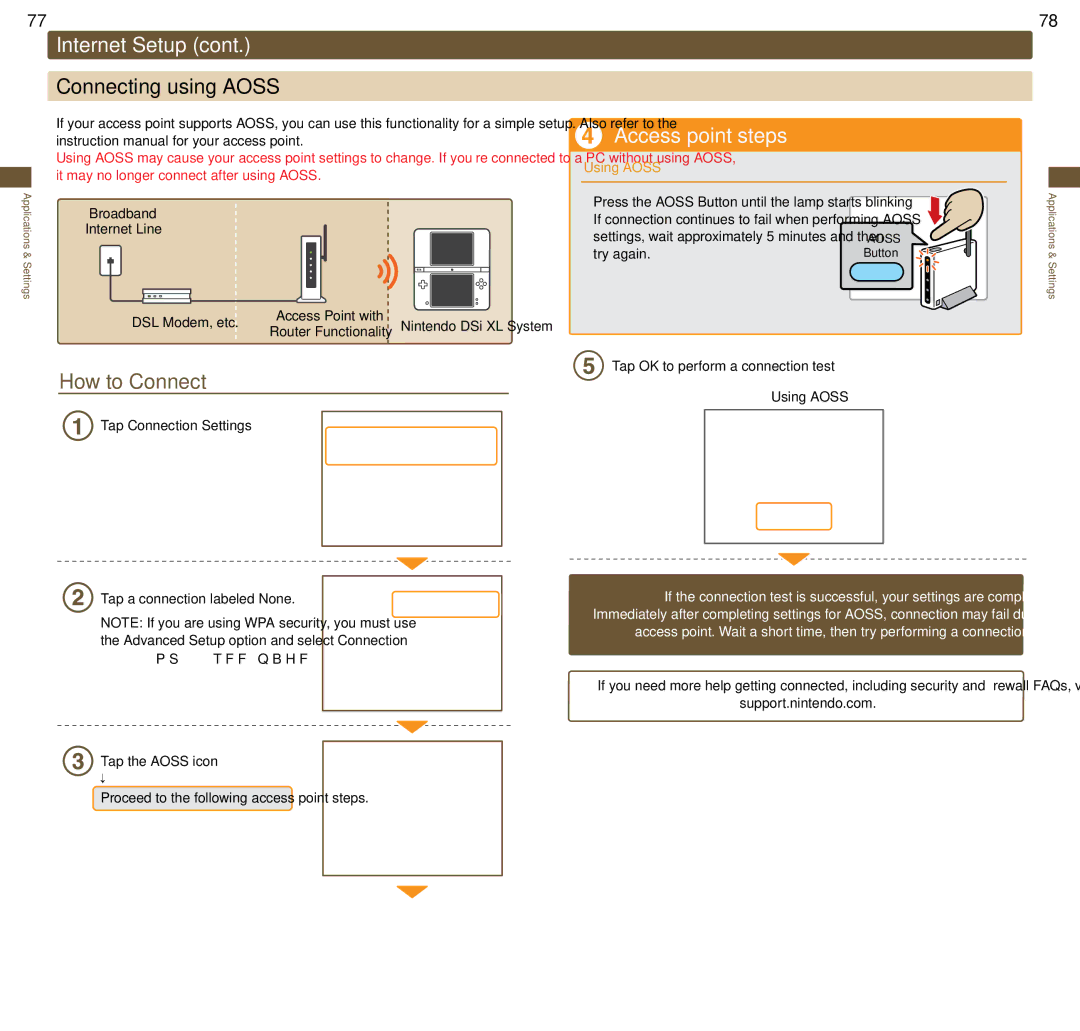 Nintendo UTLSBKA Connecting using Aoss, How to Connect, Access point steps, Tap Connection Settings, Support.nintendo.com 