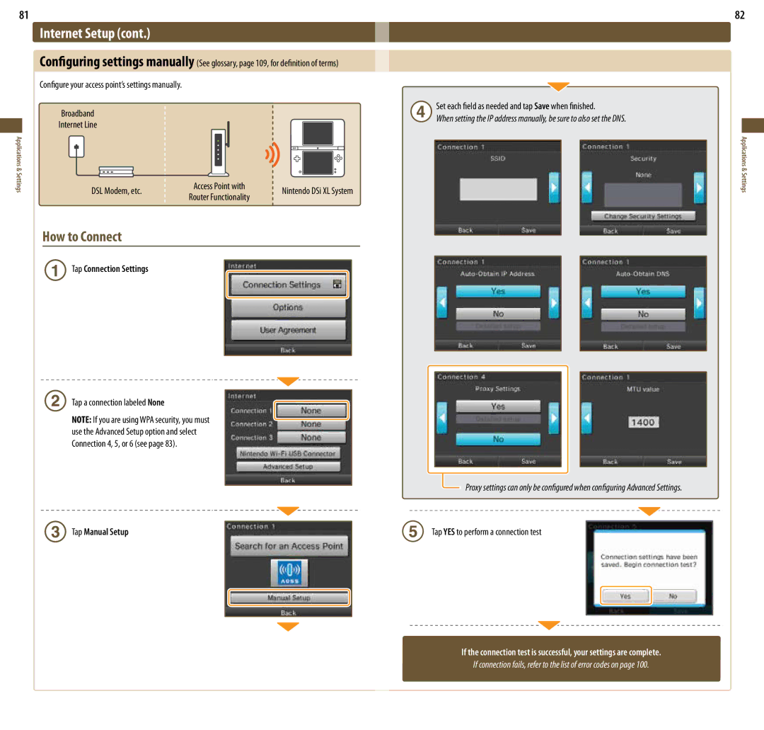 Nintendo UTLSBKA Configure your access point’s settings manually, Tap Manual Setup, Tap YES to perform a connection test 