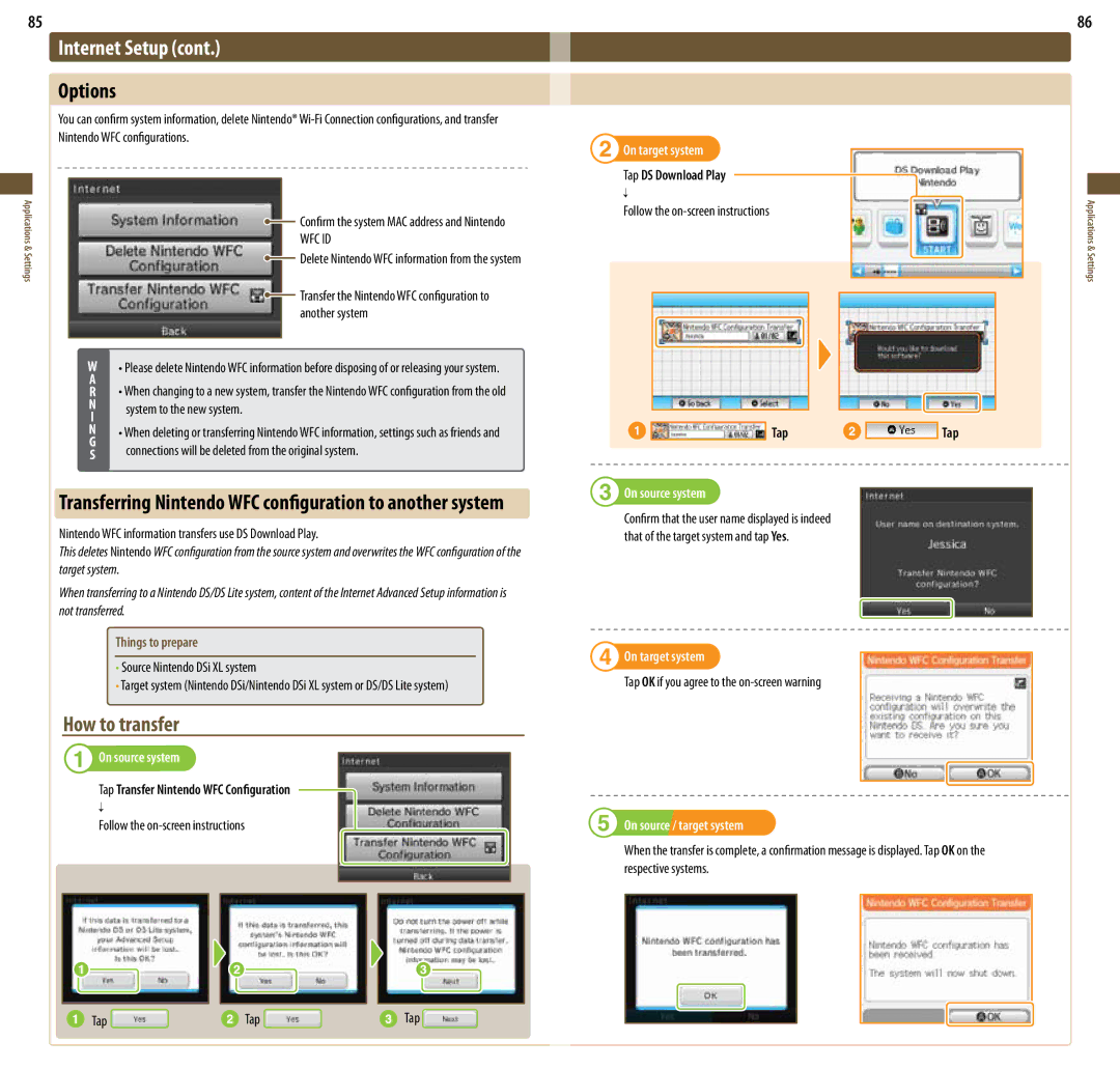 Nintendo UTLSBKA, DSi XL manual Options, How to transfer, On source system, On target system, On source / target system 