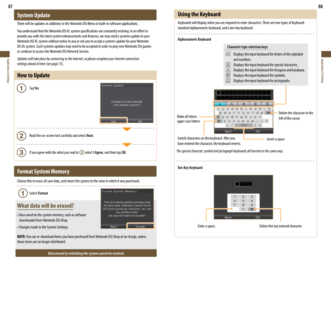 Nintendo DSi XL, UTLSBKA System Update, How to Update, Format System Memory, What data will be erased?, Using the Keyboard 