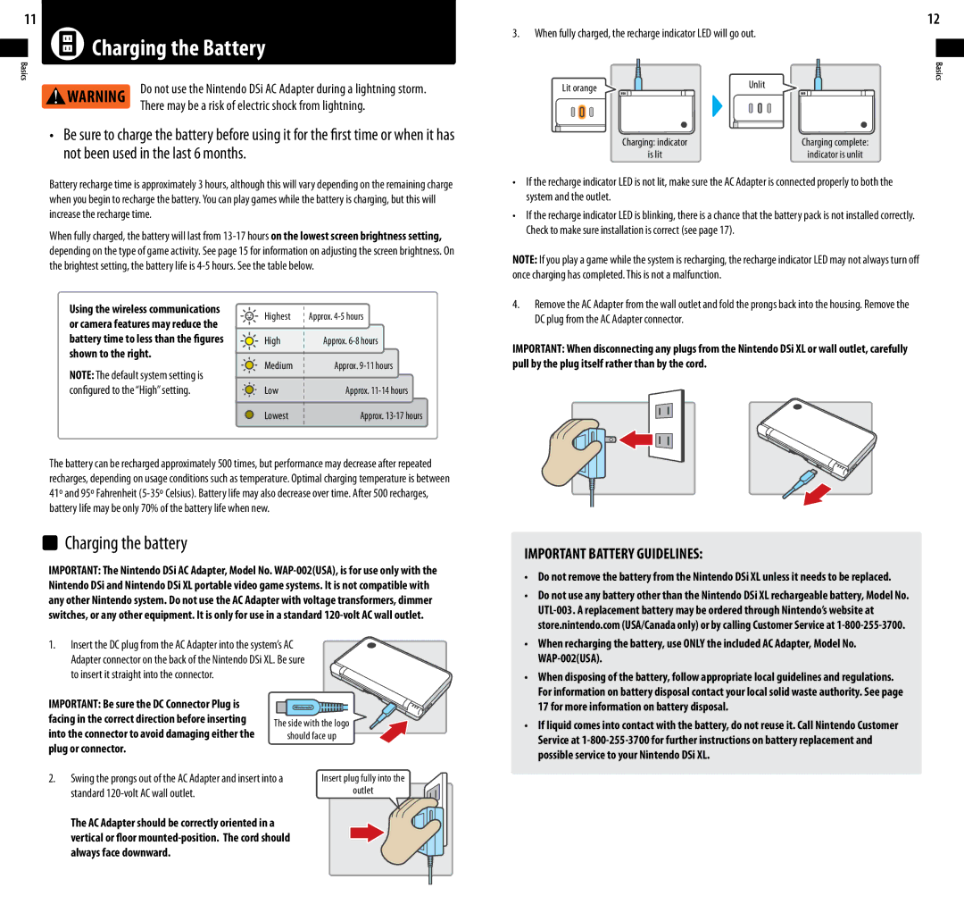 Nintendo DSi XL manual Charging the Battery, When fully charged, the recharge indicator LED will go out, Plug or connector 