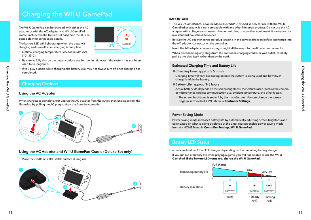 Nintendo WUPSWAAB manual Charging the Wii U GamePad, Charging Options, Battery LED Status, Using the AC Adapter 