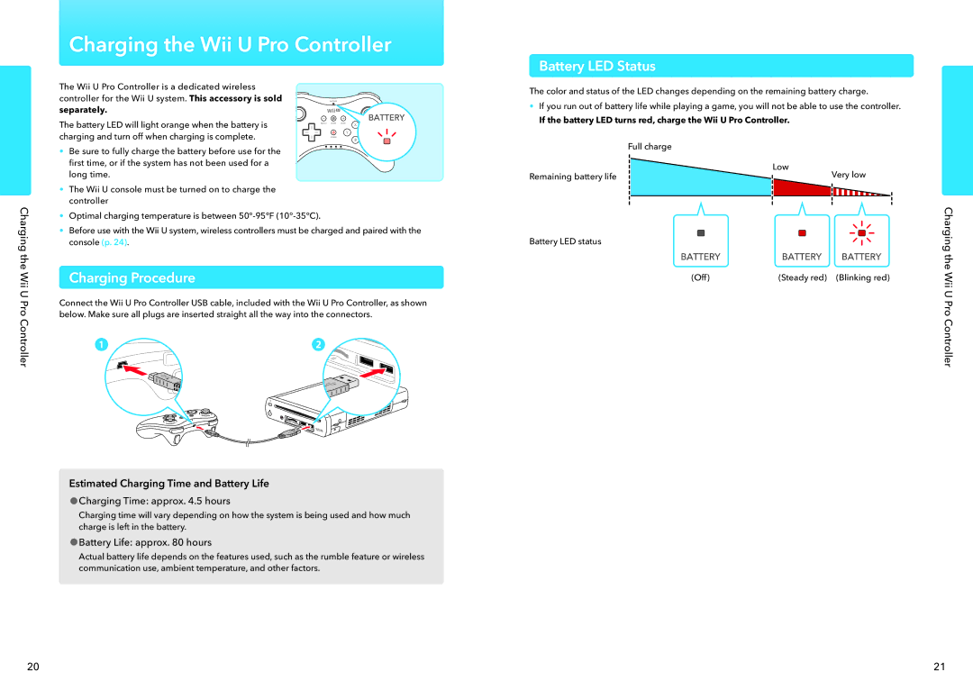 Nintendo WUPSWAAB manual Charging the Wii U Pro Controller, Charging Procedure, Battery Life approx hours 