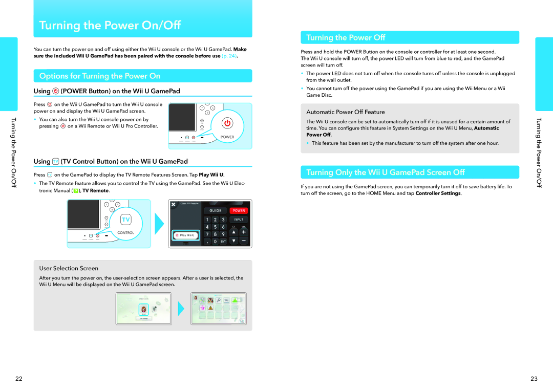 Nintendo WUPSWAAB manual Turning the Power On/Off, Options for Turning the Power On, Turning the Power Off 