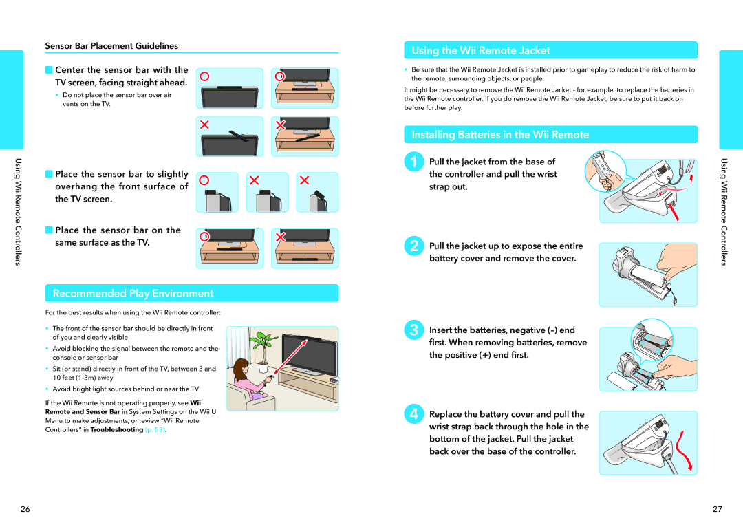 Nintendo WUPSWAAB manual Recommended Play Environment, Using the Wii Remote Jacket, Installing Batteries in the Wii Remote 