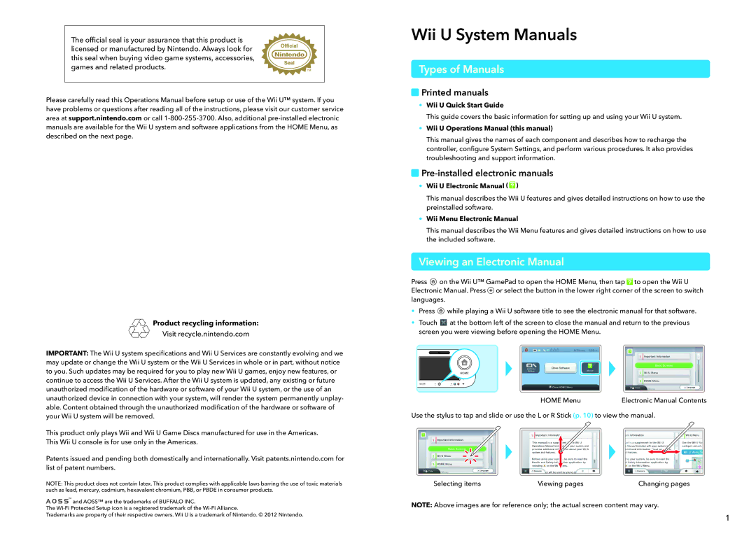 Nintendo WUPSWAAB Types of Manuals, Viewing an Electronic Manual, Printed manuals, Pre-installed electronic manuals 