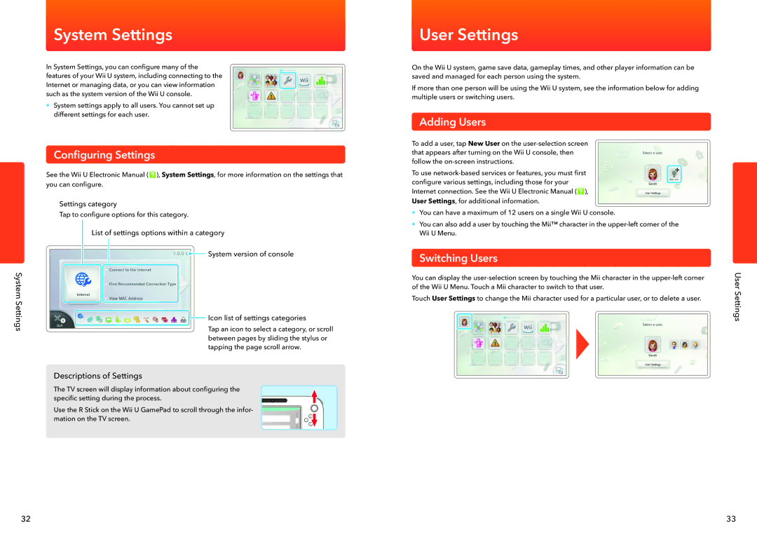 Nintendo WUPSWAAB manual System Settings, User Settings, Configuring Settings, Adding Users, Switching Users 