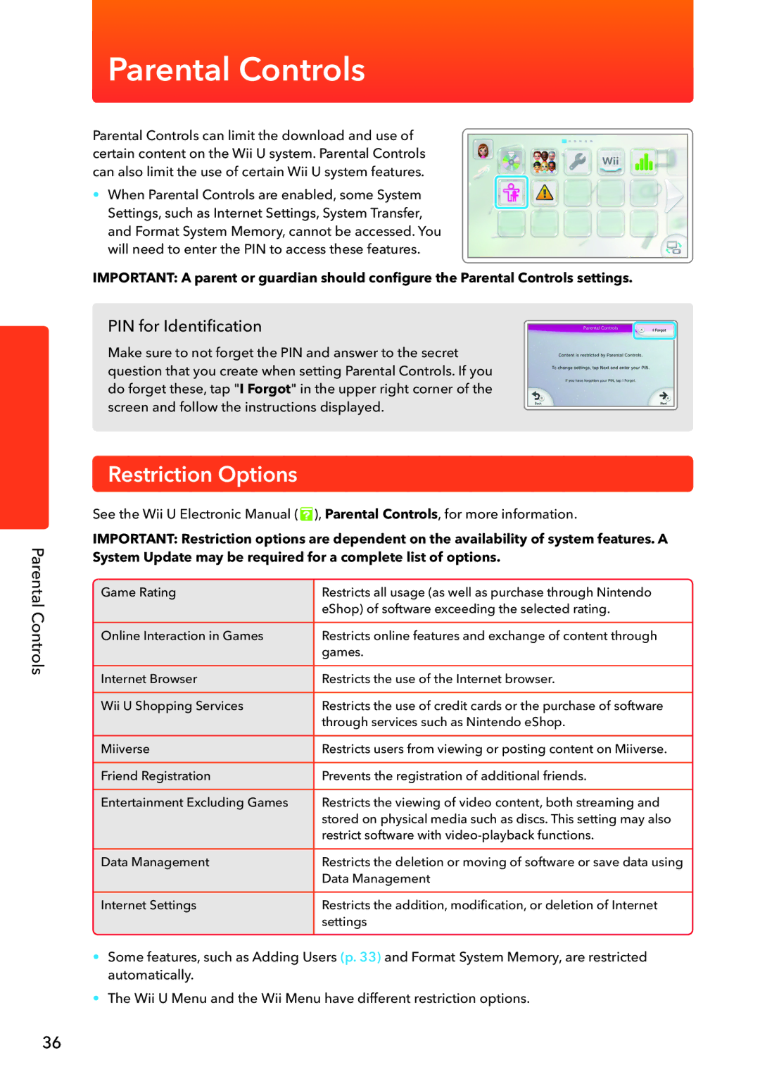 Nintendo WUPSWAAB manual Parental Controls, Restriction Options, PIN for Identification 