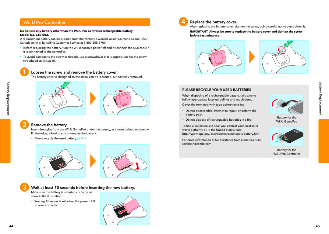 Nintendo WUPSWAAB manual Wii U Pro Controller, Loosen the screw and remove the battery cover 