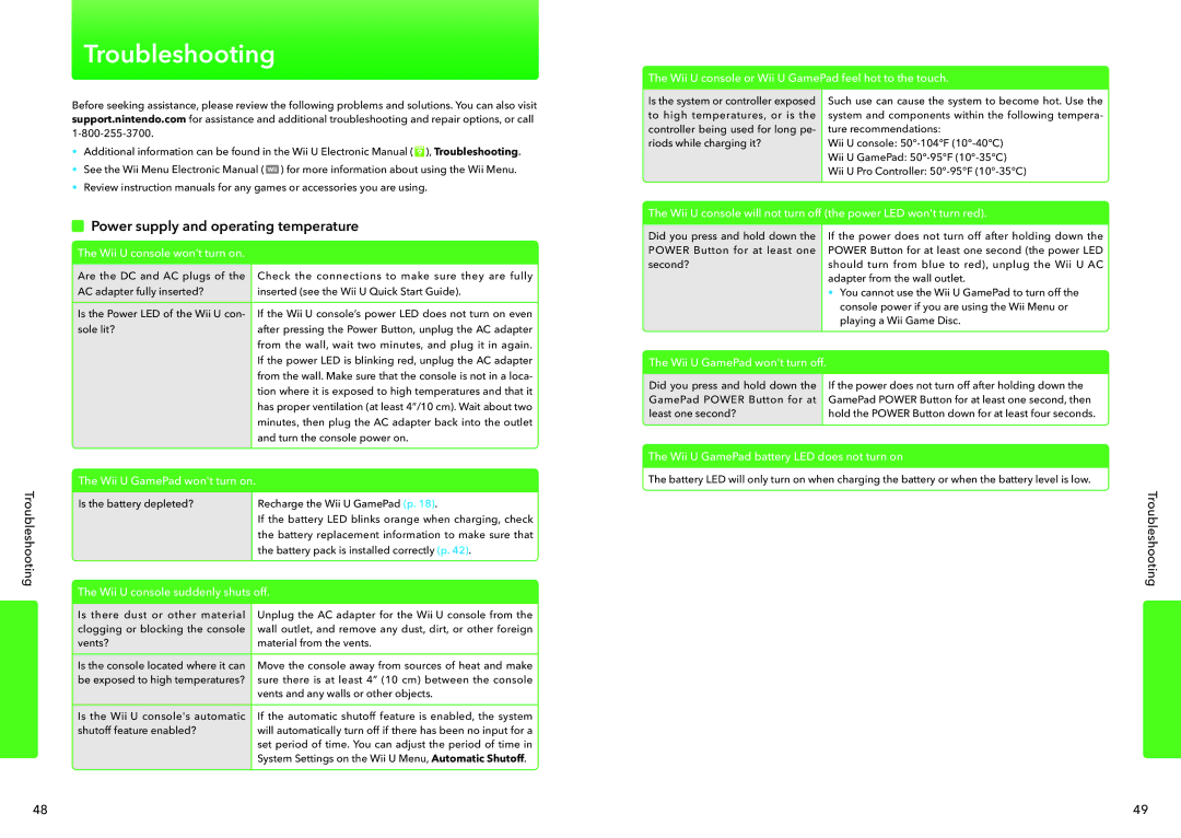 Nintendo WUPSWAAB manual Troubleshooting, Power supply and operating temperature 