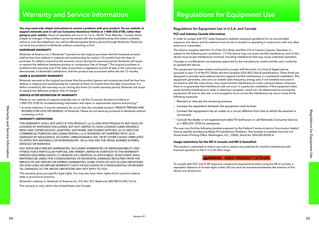 Nintendo WUPSWAAB manual Warranty and Service Information, Regulations for Equipment Use 