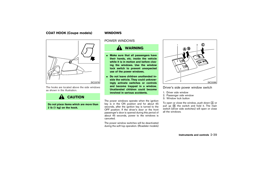 Nissan Z33-D owner manual Power Windows, Driver’s side power window switch 