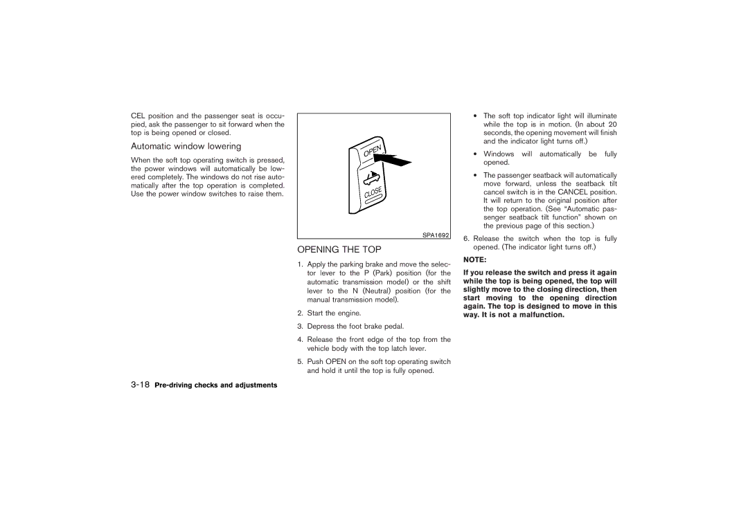 Nissan Z33-D owner manual Automatic window lowering, Opening the TOP, 18Pre-driving checks and adjustments 