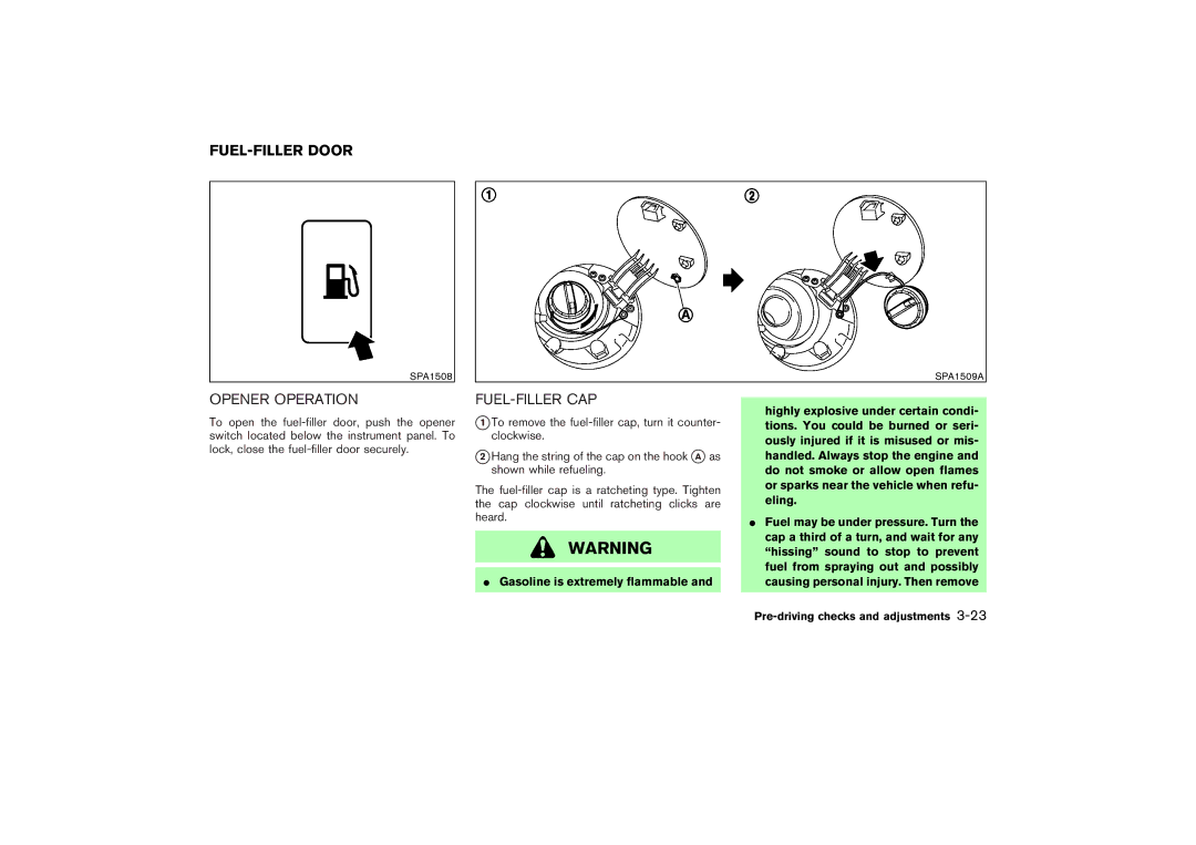 Nissan Z33-D owner manual FUEL-FILLER Door, Fuel-Filler Cap 