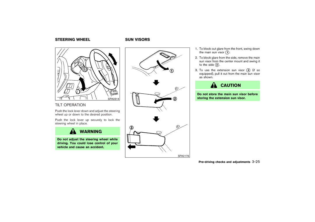 Nissan Z33-D owner manual Steering Wheel SUN Visors, Tilt Operation 