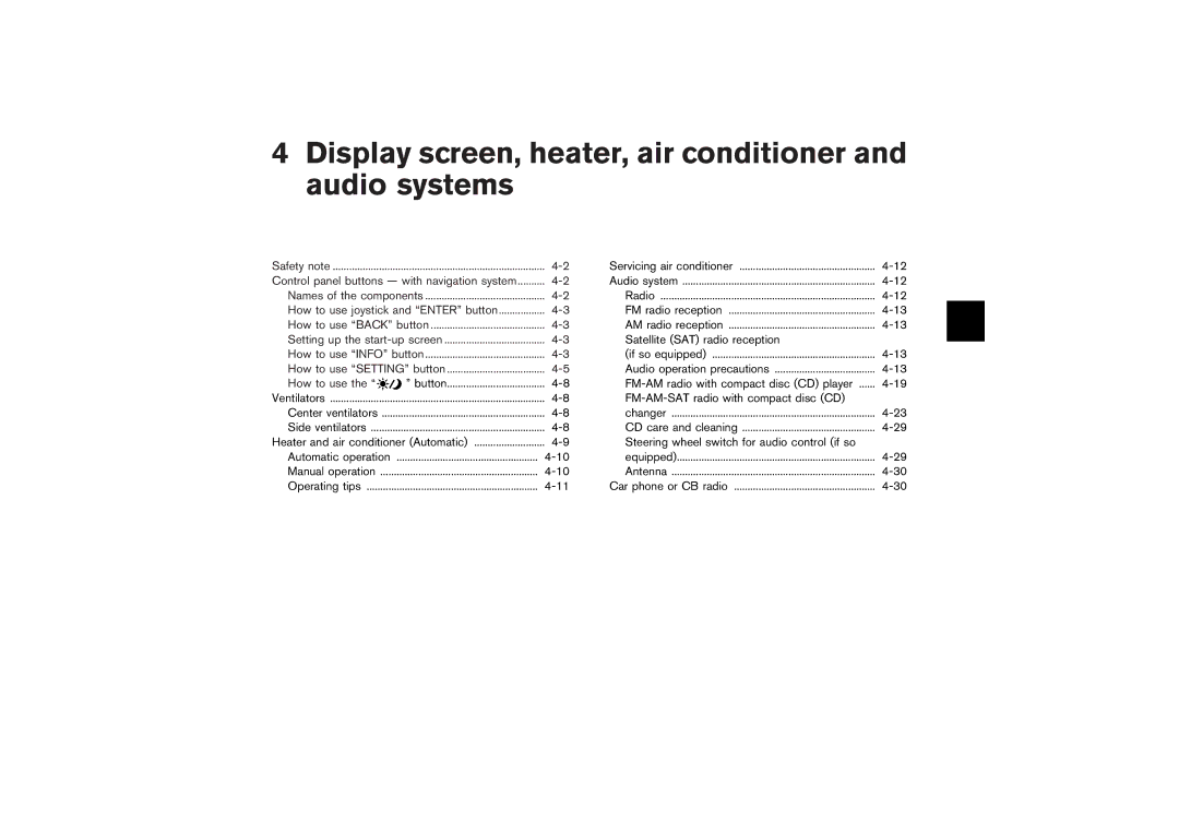 Nissan Z33-D owner manual Display screen, heater, air conditioner and audio systems 